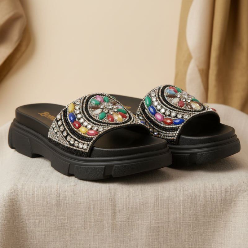 Mule Brodée Multicolore Strass
