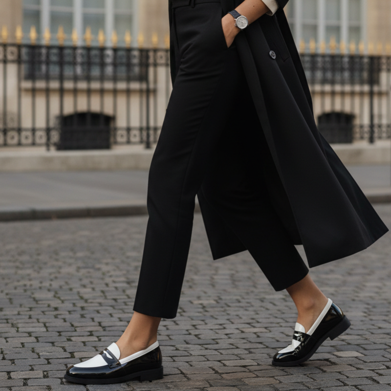 Mocassins bicolores cuir verni noir et blanc - editorial porté