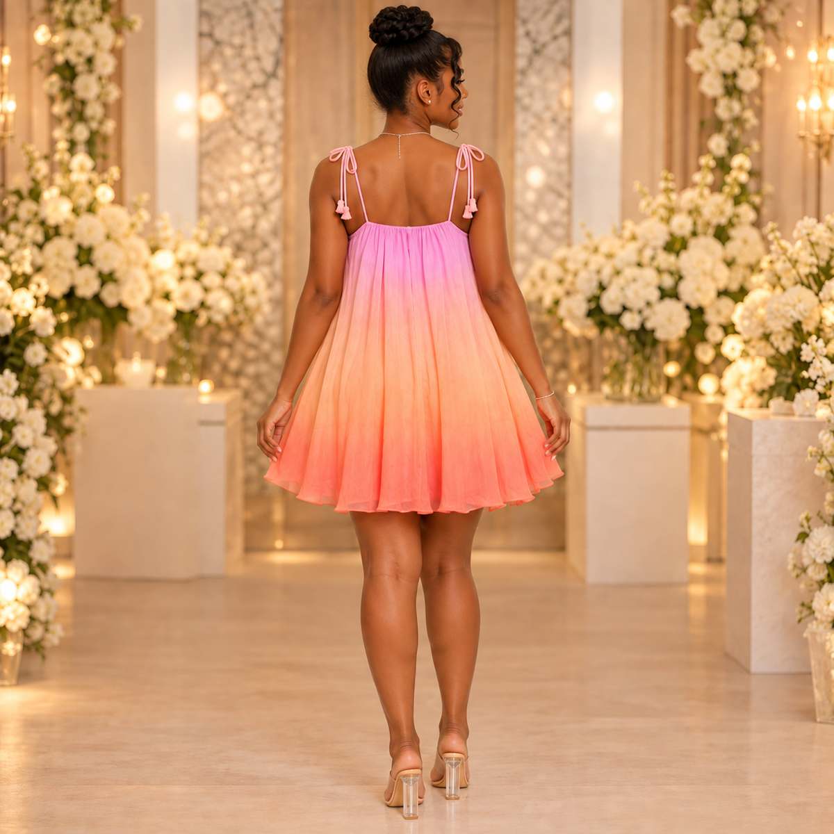 Robe courte femme ombrée rose-corail à bretelles nouées – vue de dos