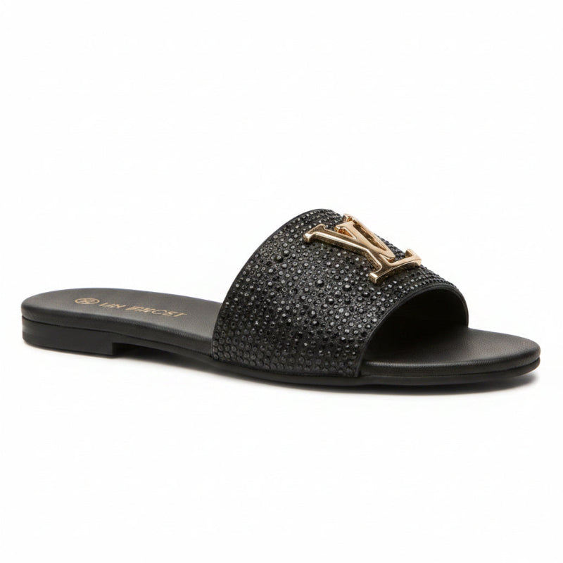 Mule Raphia Noir Boucle Dorée