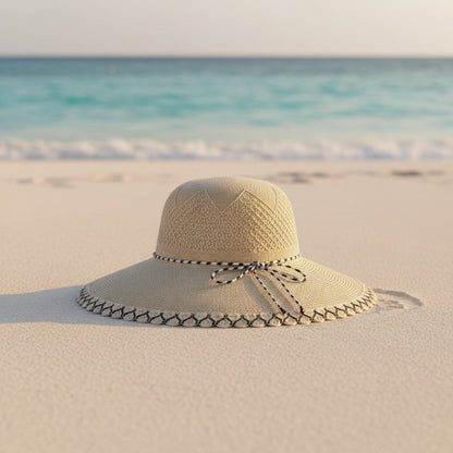 Chapeau Paille Perles Beige