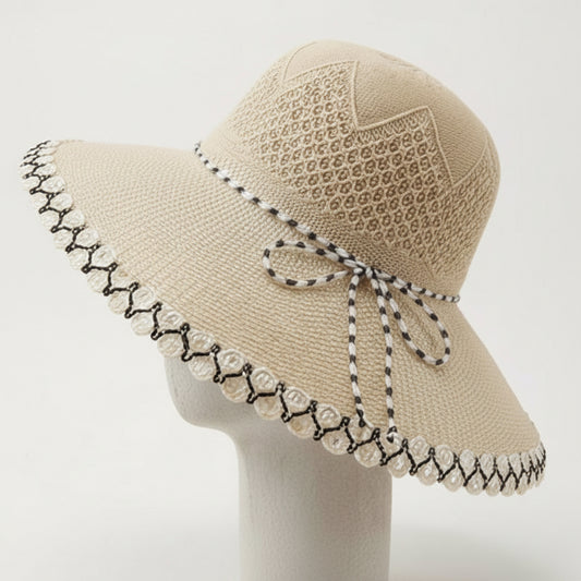 Chapeau Paille Perles Beige