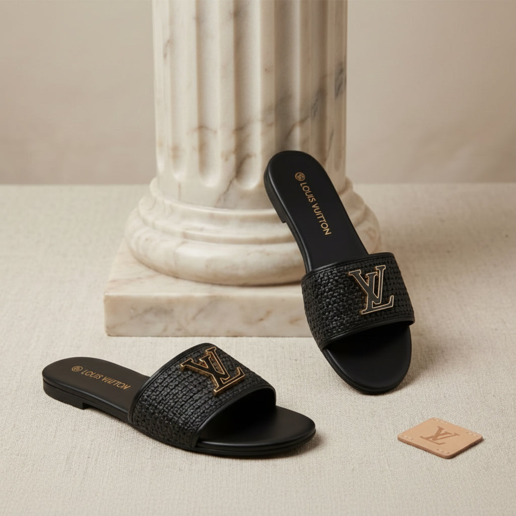 Mule Raphia Noir Boucle Dorée