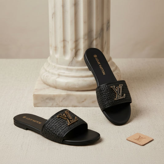 Mule Raphia Noir Boucle Dorée