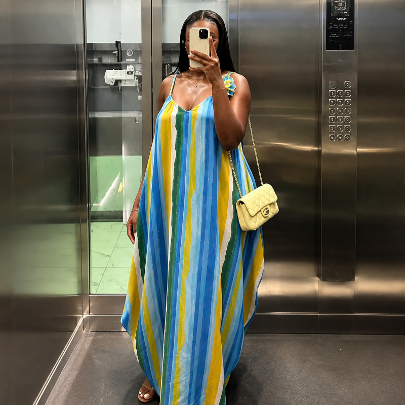 Robe Maxi Rayée Multicolore à Bretelles