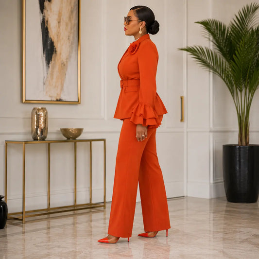 Tailleur 2 pièces orange terracotta – vue de face, modèle grande taille