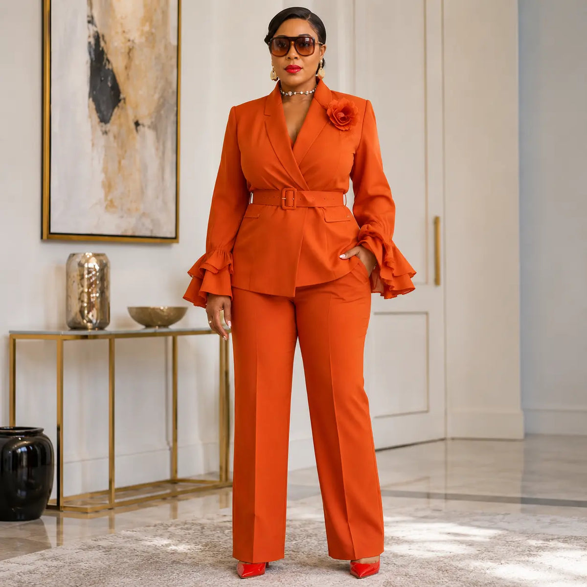 Tailleur 2 pièces orange terracotta – vue de dos