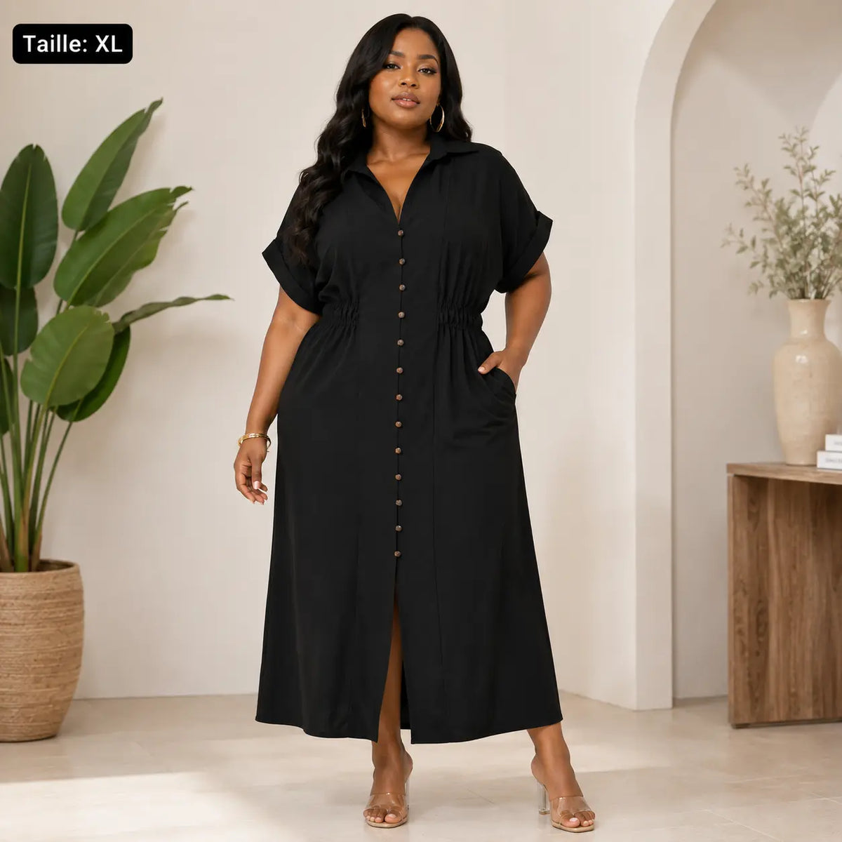 Robe chemise longue vert olive – vue de profil gauche, taille L