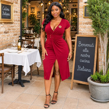 Robe midi marron chocolat - vue lifestyle restaurant lumineux