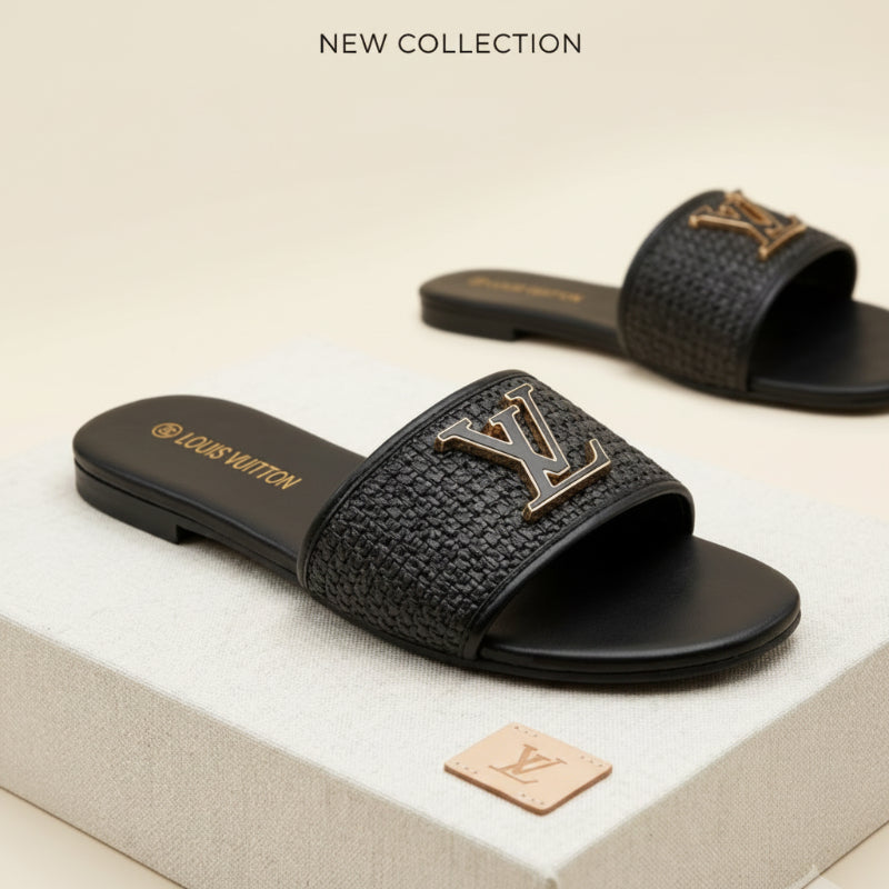 Mule Raphia Noir Boucle Dorée