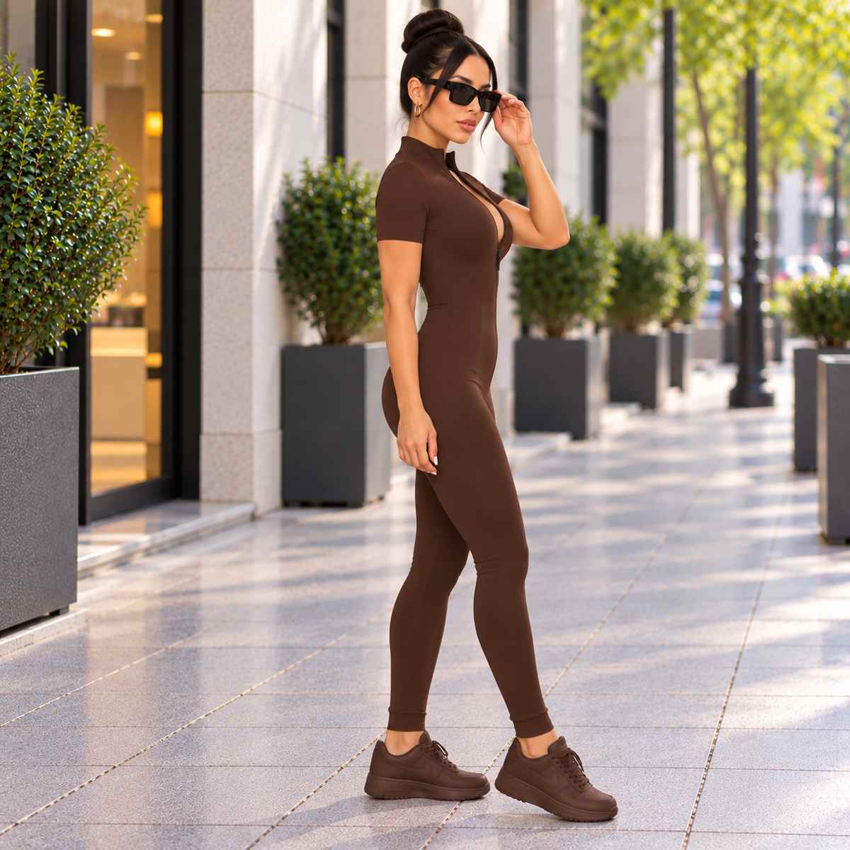 Combinaison femme marron à manches courtes – vue de côté