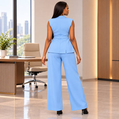 Ensemble pantalon femme élégant bleu clair – vue de dos