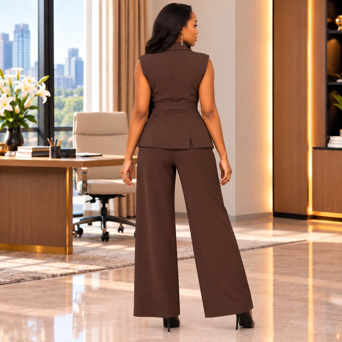 Ensemble pantalon femme élégant marron taupe – vue de dos