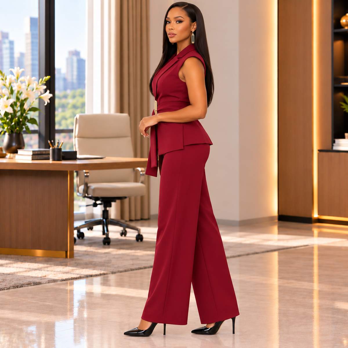 Ensemble pantalon femme élégant rouge bordeaux – vue de côté
