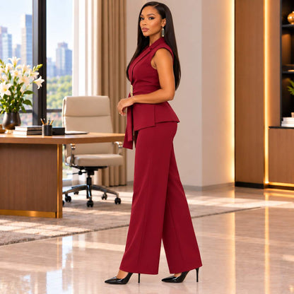 Ensemble pantalon femme élégant rouge bordeaux – vue de côté