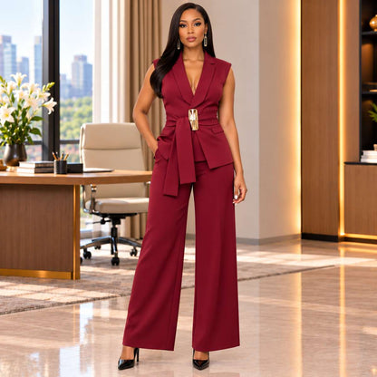 Ensemble pantalon femme élégant rouge bordeaux – vue de face