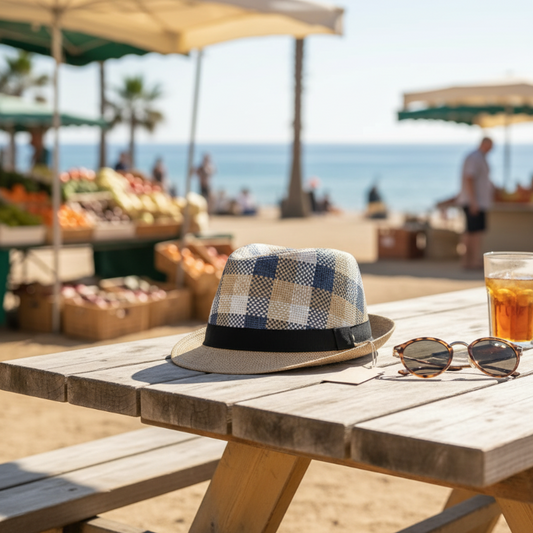 Chapeau fedora paille carreaux bleu - ambiance lifestyle extérieur