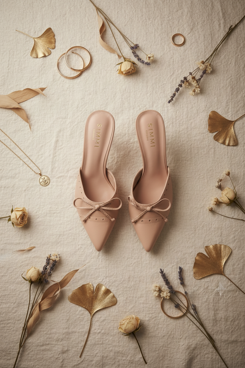 Mules talon aiguille nude rose nœud - flat lay éditorial