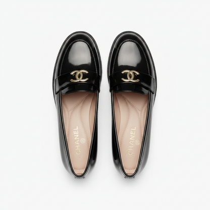 Mocassins cuir verni noir boucle dorée - vue dessus
