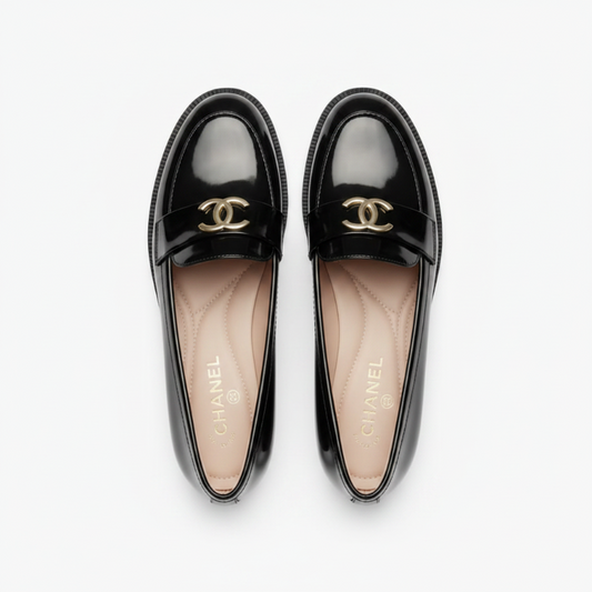 Mocassins cuir verni noir boucle dorée - vue dessus