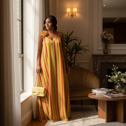 Robe longue rayée portée en intérieur – ambiance naturelle