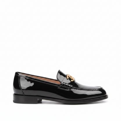 Mocassins cuir verni noir boucle dorée - vue gauche