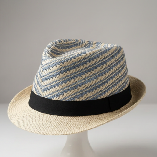 Chapeau fedora paille tressé bicolore - fond studio