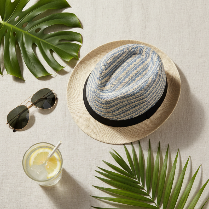 Chapeau fedora paille tressé bicolore - flat lay éditorial