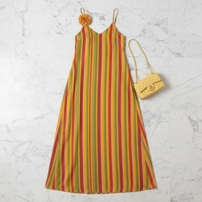 Robe longue rayée multicolore et sac jaune – flat lay sans humain