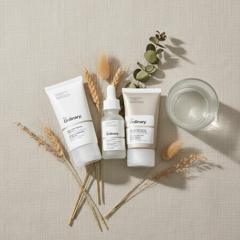 Ensemble soin peau acnéique The Ordinary – flat lay
