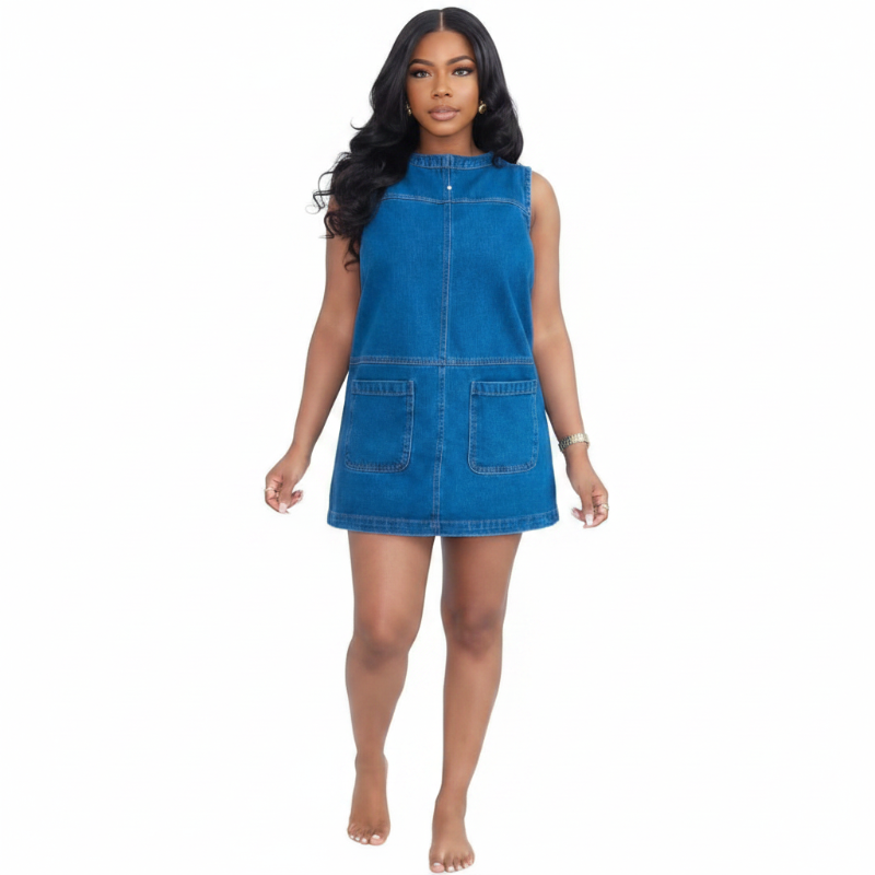 Robe jean sans manches bleu royal - vue studio fond blanc