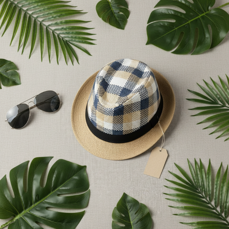 Chapeau fedora paille carreaux bleu - flat lay été