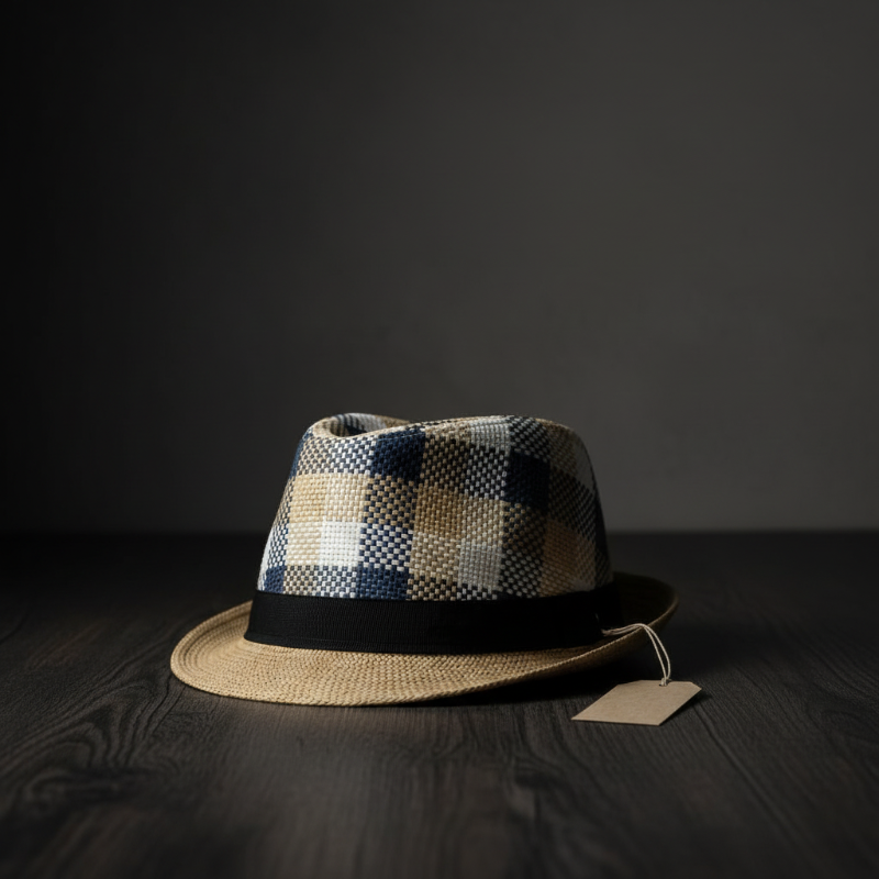 Chapeau fedora paille carreaux bleu - éditorial premium
