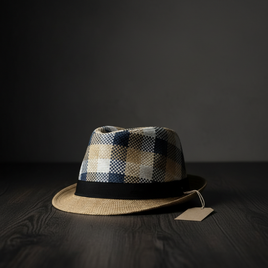 Chapeau fedora paille carreaux bleu - éditorial premium