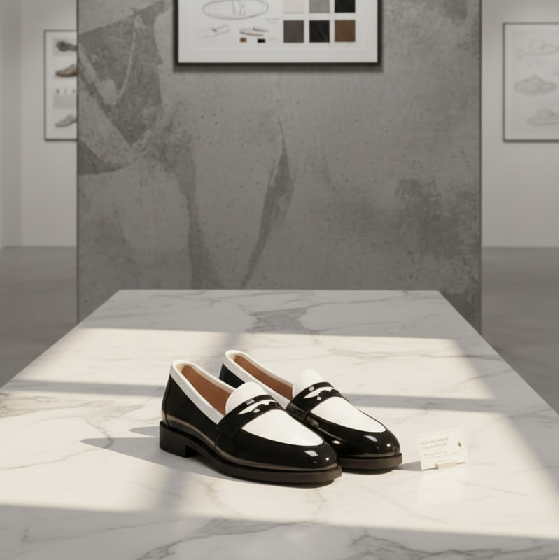 Mocassins bicolores cuir verni noir et blanc - lifestyle luxe