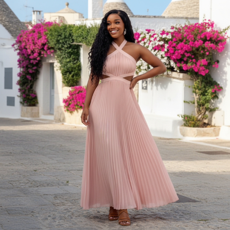 Robe longue plissée rose poudré - lifestyle extérieur Méditerranée
