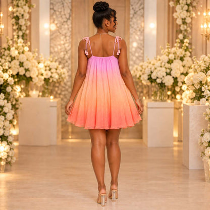 Robe courte femme ombrée rose-corail à bretelles nouées – vue de dos