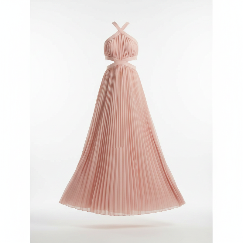 Robe Longue Plissée Rose Poudré Col Halter