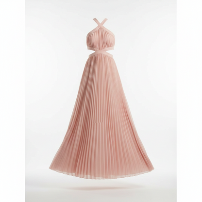 Robe Longue Plissée Rose Poudré Col Halter