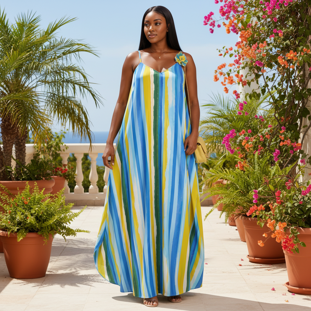 Robe Maxi Rayée Multicolore à Bretelles